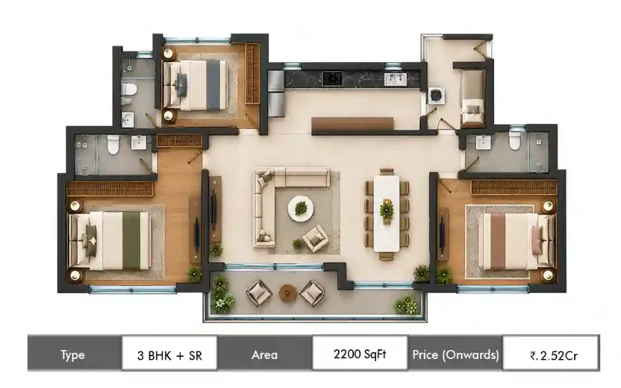 Hero Leafsong Retreat 3 BHK + SR floor plan, 2200 sq ft carpet area